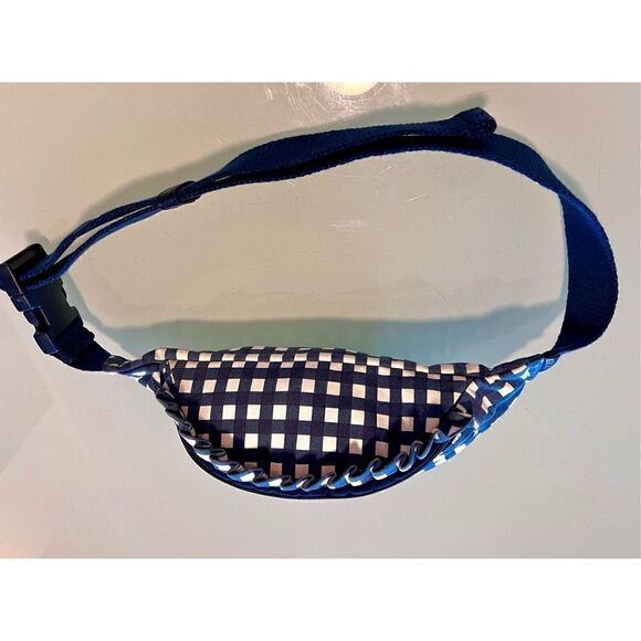 J Crew Fanny Pack Crossbody Sac Blue White Gingham Plaid Cotton Ruffle Edge - Picture 2 of 9